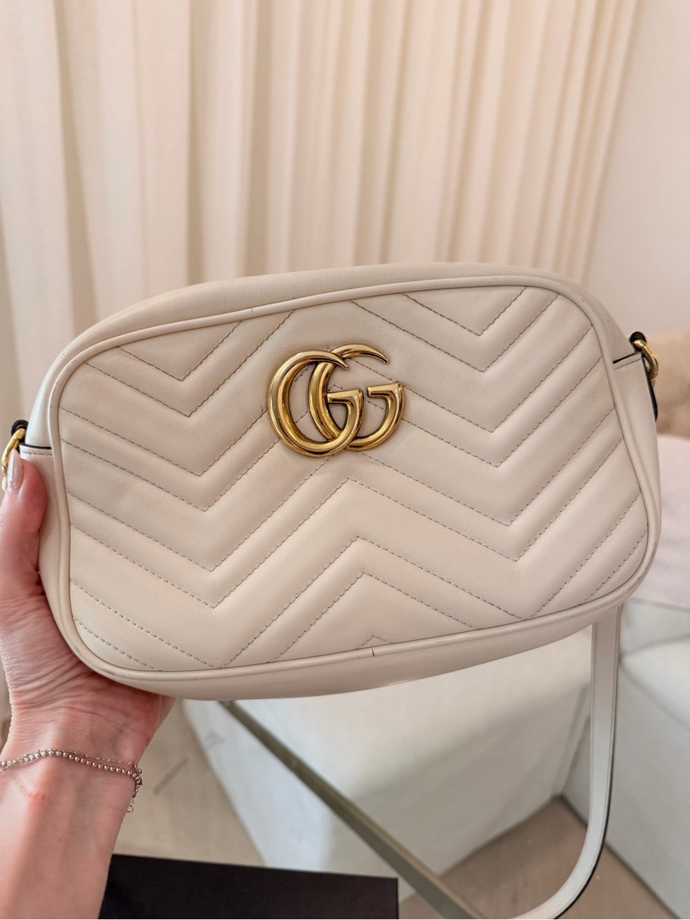 Gucci Cream Matelassé Leather GG Crossbody Bag with Gold Hardware